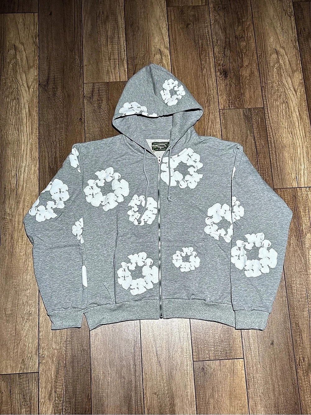 Denim Tears Cotton Wreath Zip Up Hoodie Gray & White Flowers  NWT